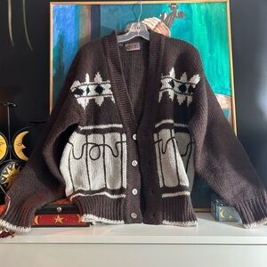 Vintage Allegro Grandpa Cardigan Brown Cream Knit Sweater M Boho Cozy 70s
